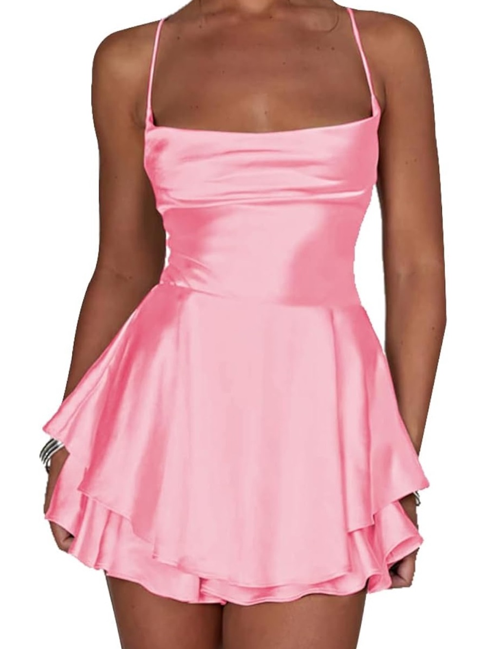 Pink Satin Spaghetti Strap Mini Dress